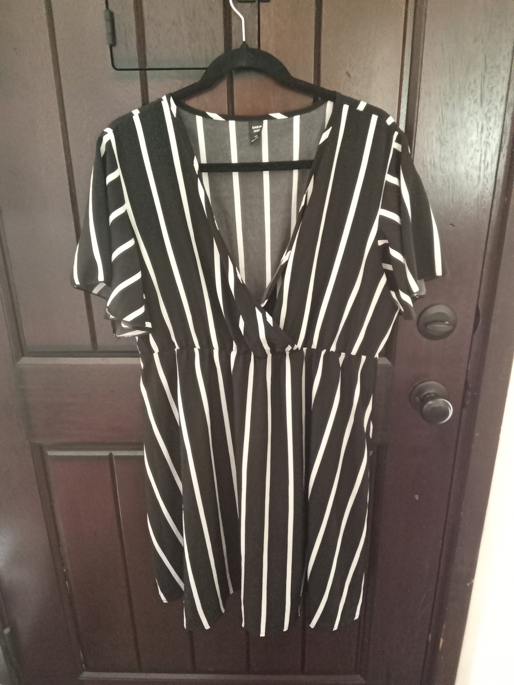 SHEIN Black & White Vertical Stripe V-Neck Mini Dress